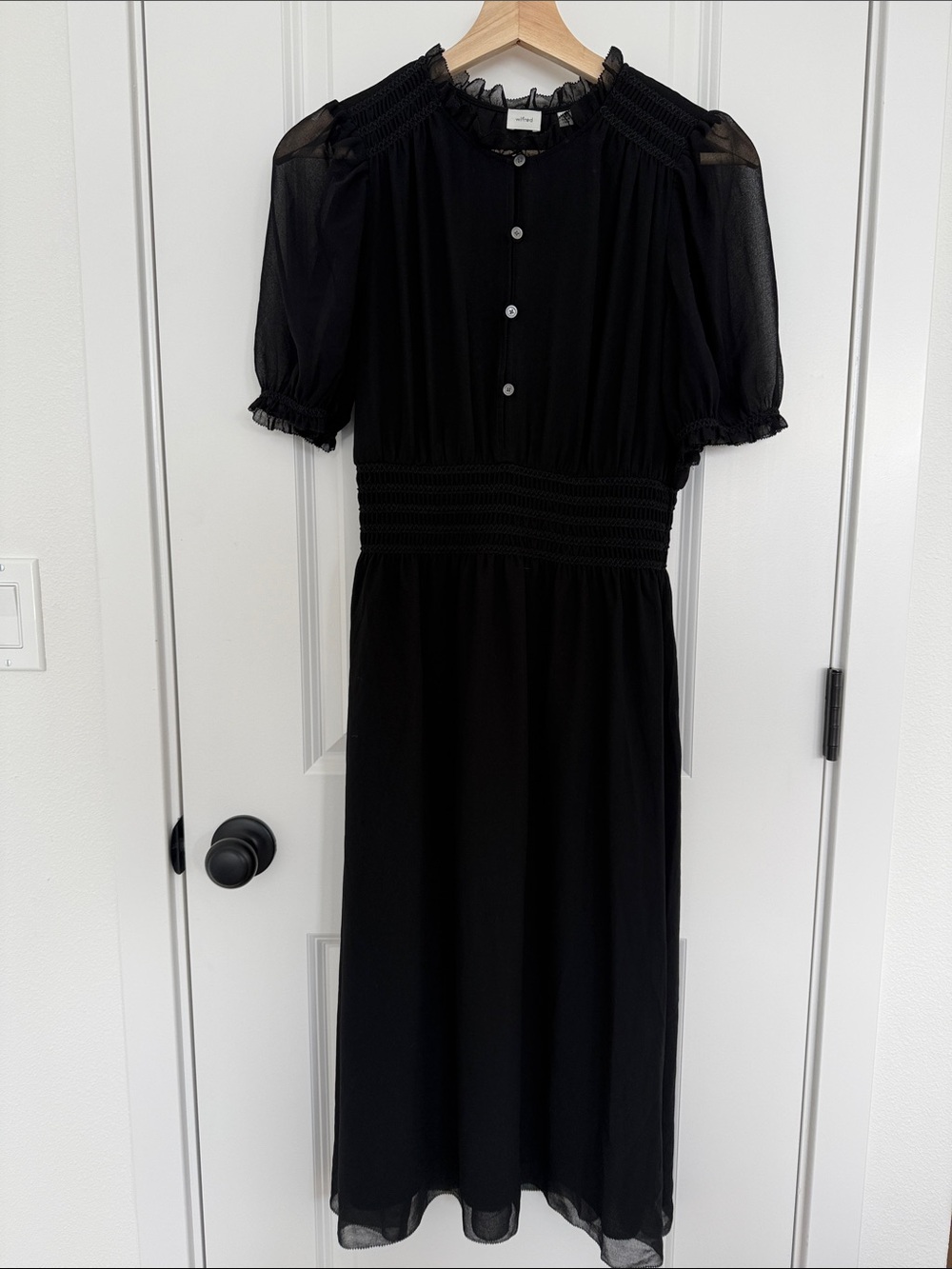 Wilfred Black Midi Dress with Sheer Puff Sleeves